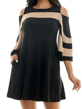 Nina Leonard Black and Beige Cold-Shoulder A-Line Midi Dress